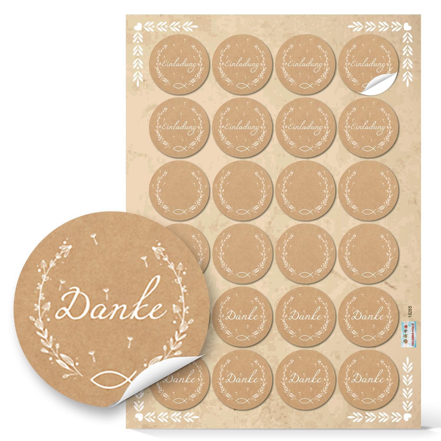 Logbuch-Verlag Aufkleber 24 Aufkleber SET braun weiß EINLADUNG + DANKE + Blanko Sticker