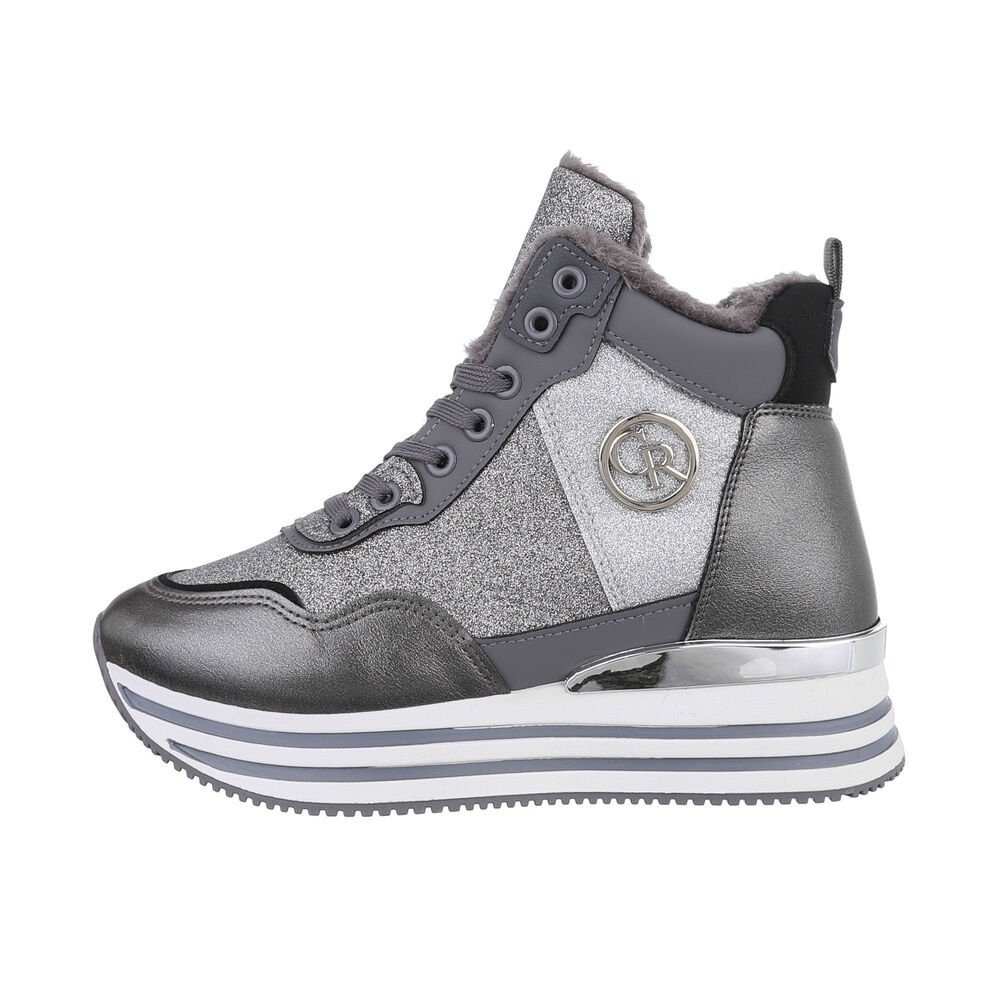 Ital-Design Damen High-Top Freizeit Sneakerboots Keilabsatz/Wedge Sneakers High in Grau