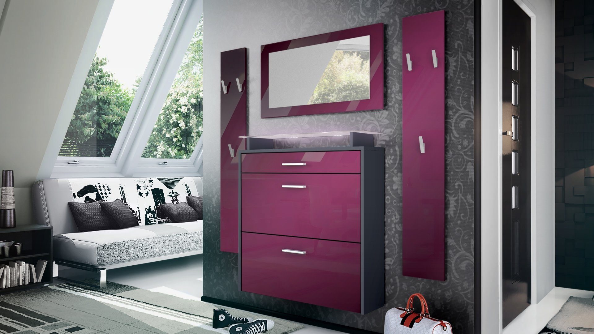 Vladon Garderoben-Set Malea, (Garderobenset bestehend aus 1 Hängeschuhschrank, 1 Wandspiegel und 2 Garderobenpaneele), Anthrazit matt/Brombeer Hochglanz, inkl. LED-Beleuchtung weiß