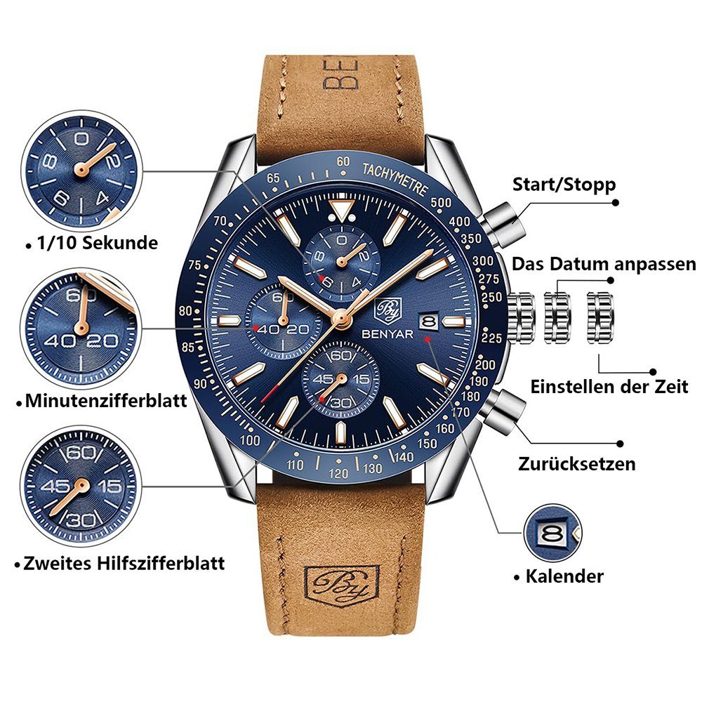 Armbanduhr Datum Blau Gold, GelldG Analog leuchtende Herrenuhren Quarz Uhr Business lässig