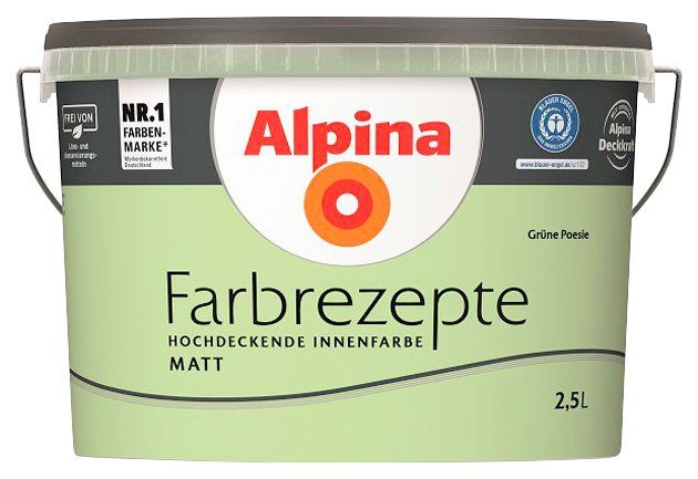 Alpina Wand- und Deckenfarbe Farbrezepte Grüne Poesie, Zartes Grün, matt, 2,5 Liter | Dispersionsfarben