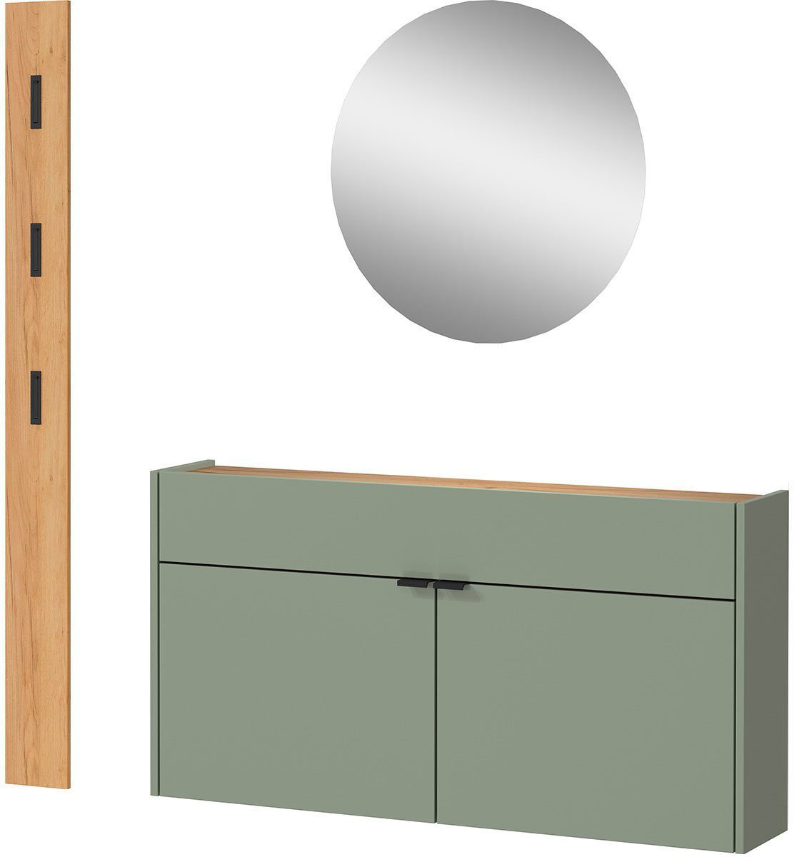 Mehrzweckschrank, grün 3-St), und Spiegel (Set, Garderoben-Set Garderobenpaneel, geringe mit Tiefe GERMANIA Ameca,