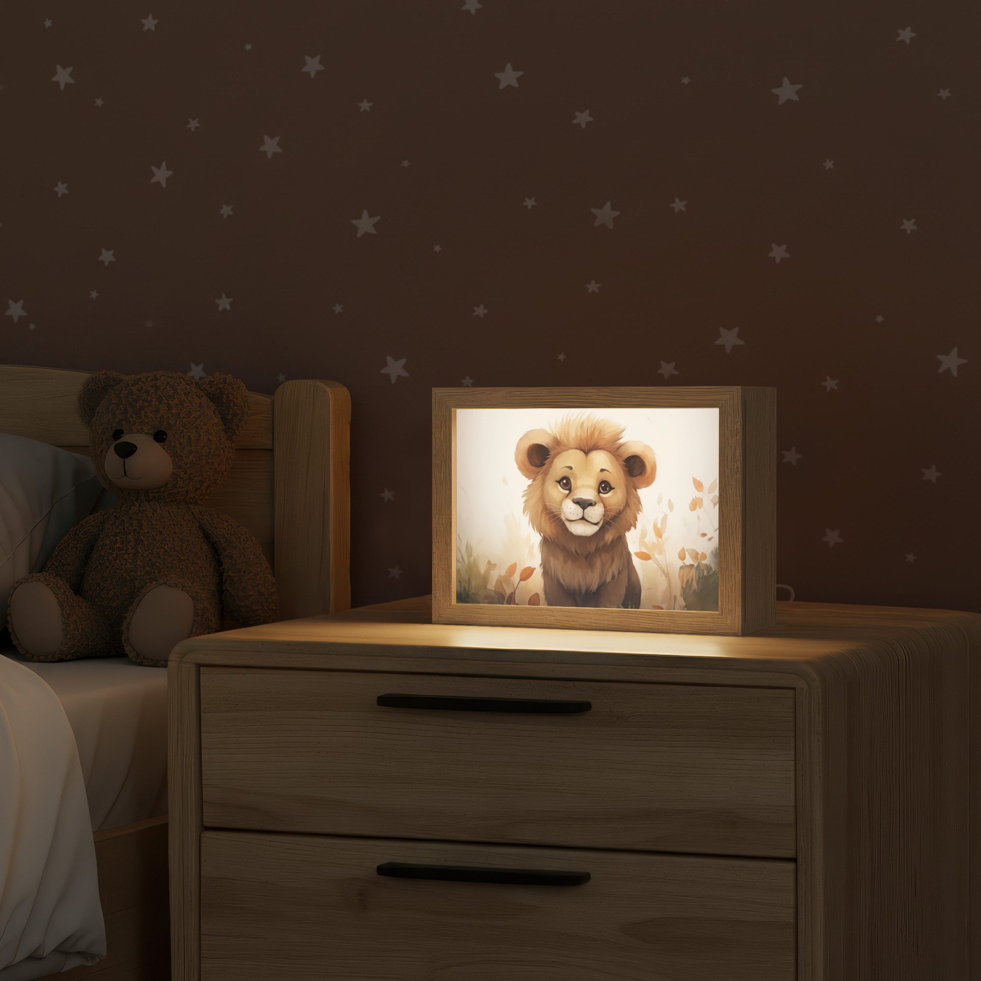 OnlyWow Nachttischlampe Lightbox Löwe - Tiere - Kinder - Braun - Mädchen, Dimmbar, Farbwechsel, LED, Warmweiß, Kaltweiß, Neutralweiß Einstellbar, Nachtlicht, Kinder- und Babyzimmer, Dimmbar, mit Kabel, Tischleuchte