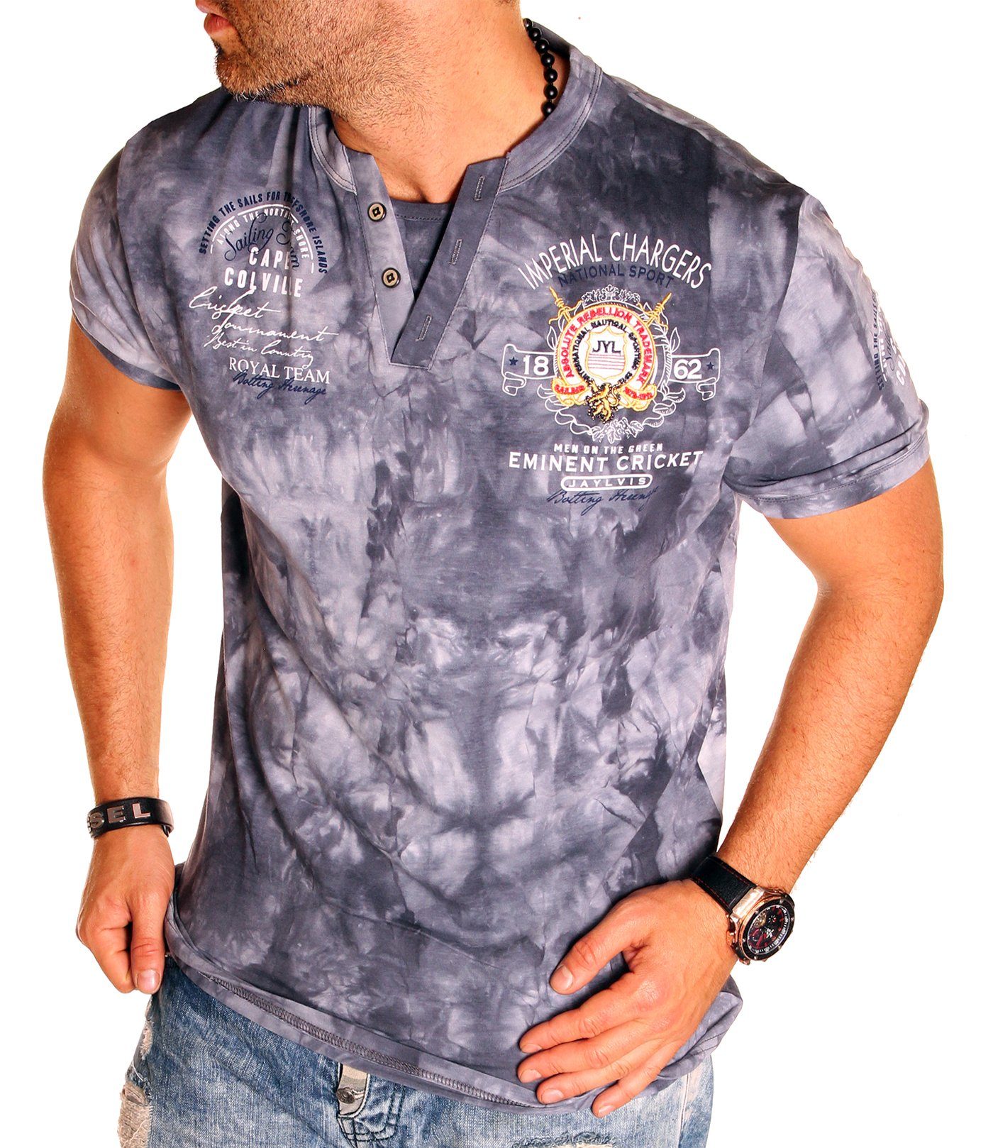 Jaylvis T-Shirt Sommer V-Kragen Freizeit Kurzarm Grau Shirt (2330)