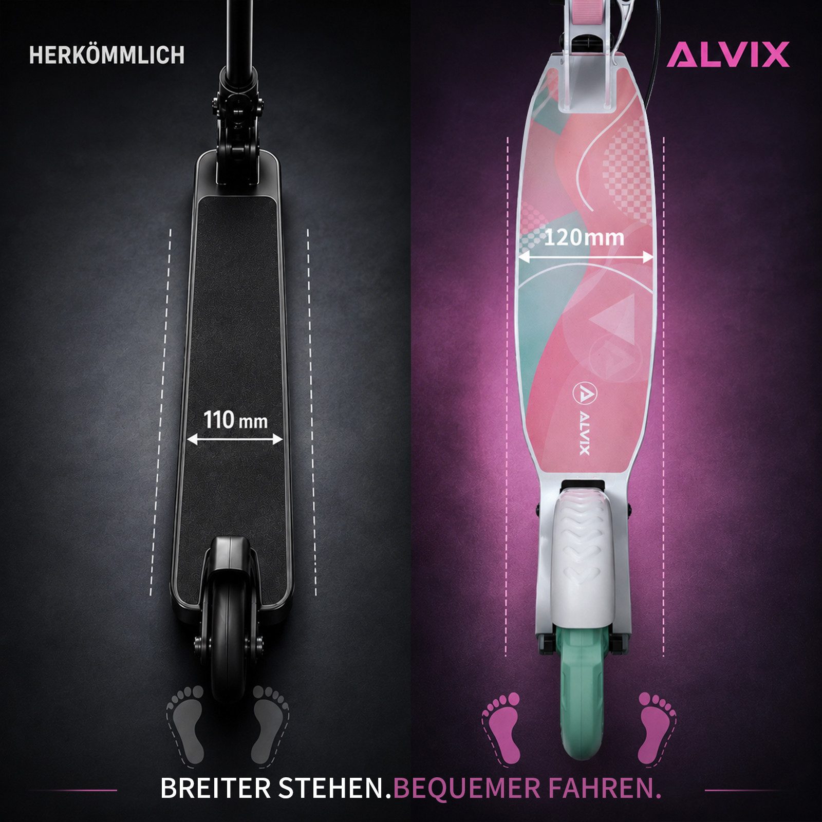 ALVIX Cityroller Kinderroller K-Serie mit Handbremse, (Einzelartikel, 1 Scooter, 1 Tragegurt, 1 Bedienungsanleitung), 200-mm-LED-Räder, breites 120-mm-Deck, faltbar, Tragegurt