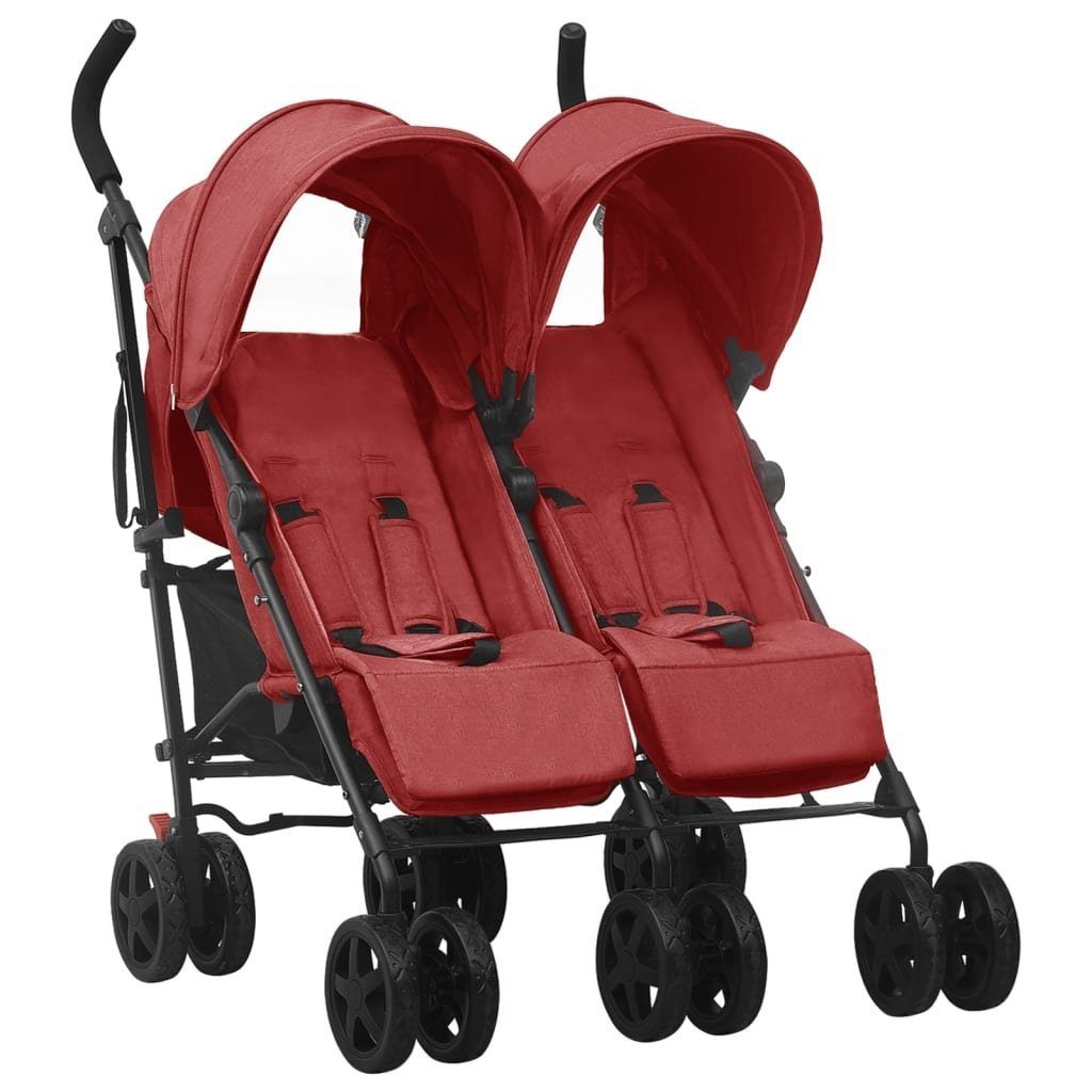 Zwillingsbuggy aus Stahl, Leinenstoff in Rot