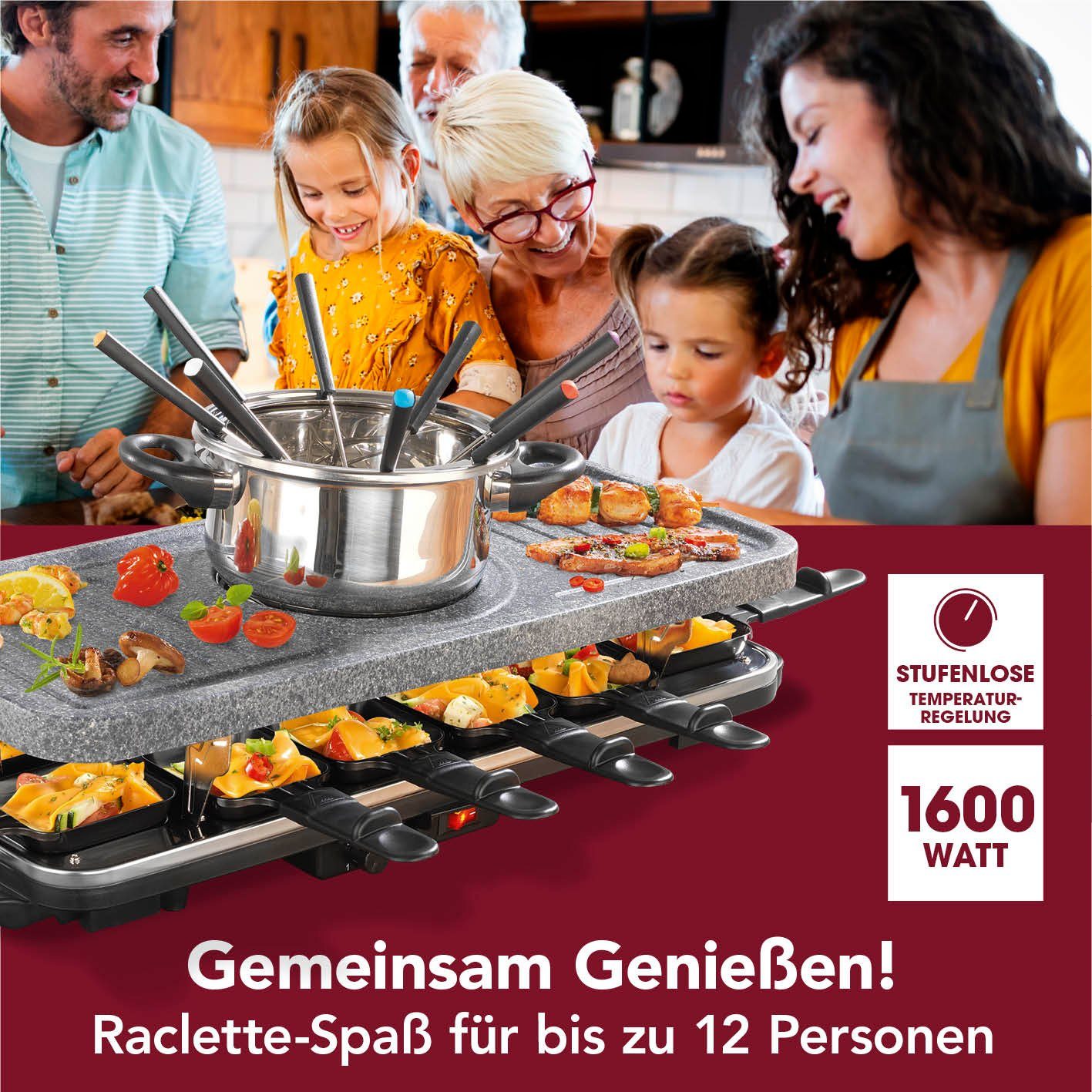 GOURMETmaxx Raclette und Fondue-Set inkl. Pfännchen & Zubehör - 12  Personen, 1600 W, Granit-look, Tischgrill