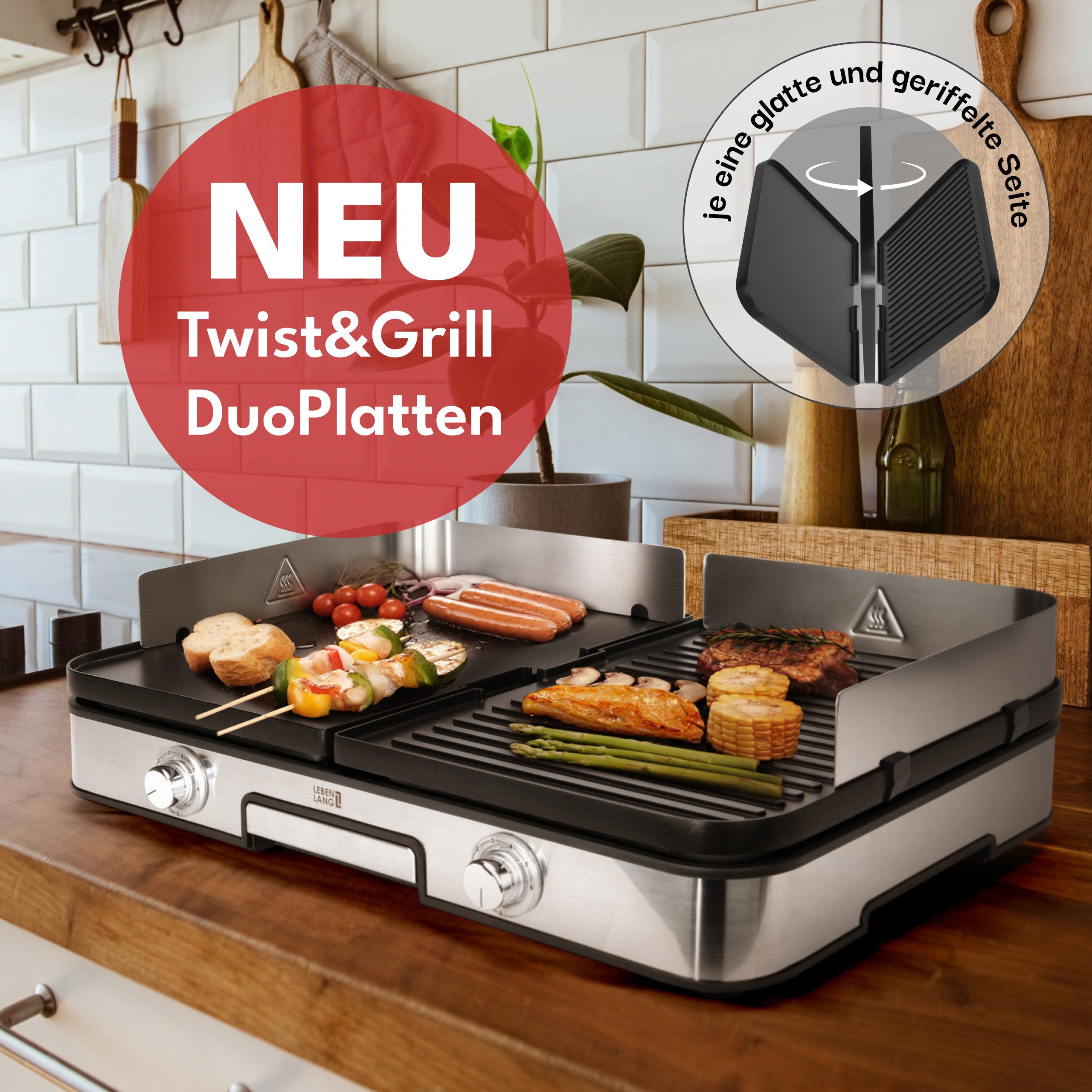 Lebenlang Tischgrill 2400W Elektrogrill inkl. Grillzange & Spritzschutz, 2400,00 W, 2 wendbare Grillplatten glatt/gerippt,2 Temperaturregler, In-&Outdoor