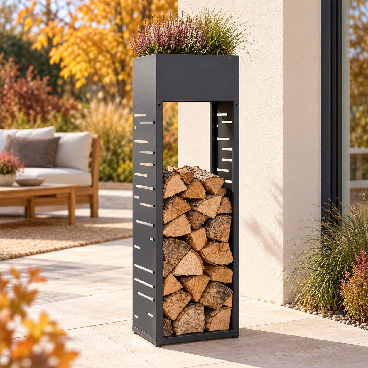 HAGO Kaminholzregal Feuerholzregal Kaminholzregal Holzstapelhilfe Holzlager verzinkt, BxTxH:30x30x111 cm, (1-St), Modular erweiterbar; integrierter Pflanzkasten; wetterfest