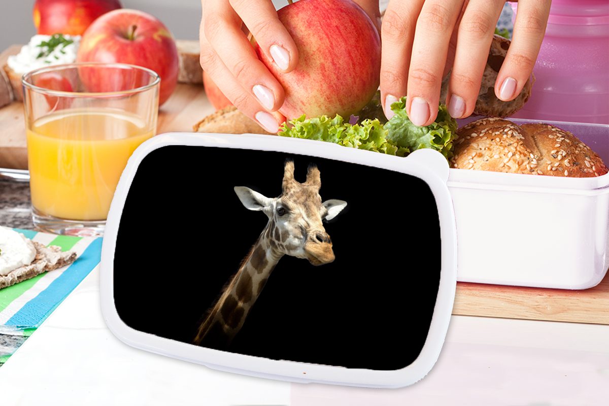 MuchoWow Lunchbox weiß Brotdose, Giraffenkopf Hintergrund, Brotbox Erwachsene, Kinder Kunststoff, (2-tlg), für Mädchen schwarzen für und und für Jungs