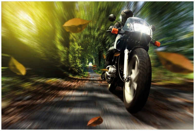 Wallario Glasbild, Fahrendes Motorrad im Wald mit Herbstlaub, in verschiedenen Ausführungen
