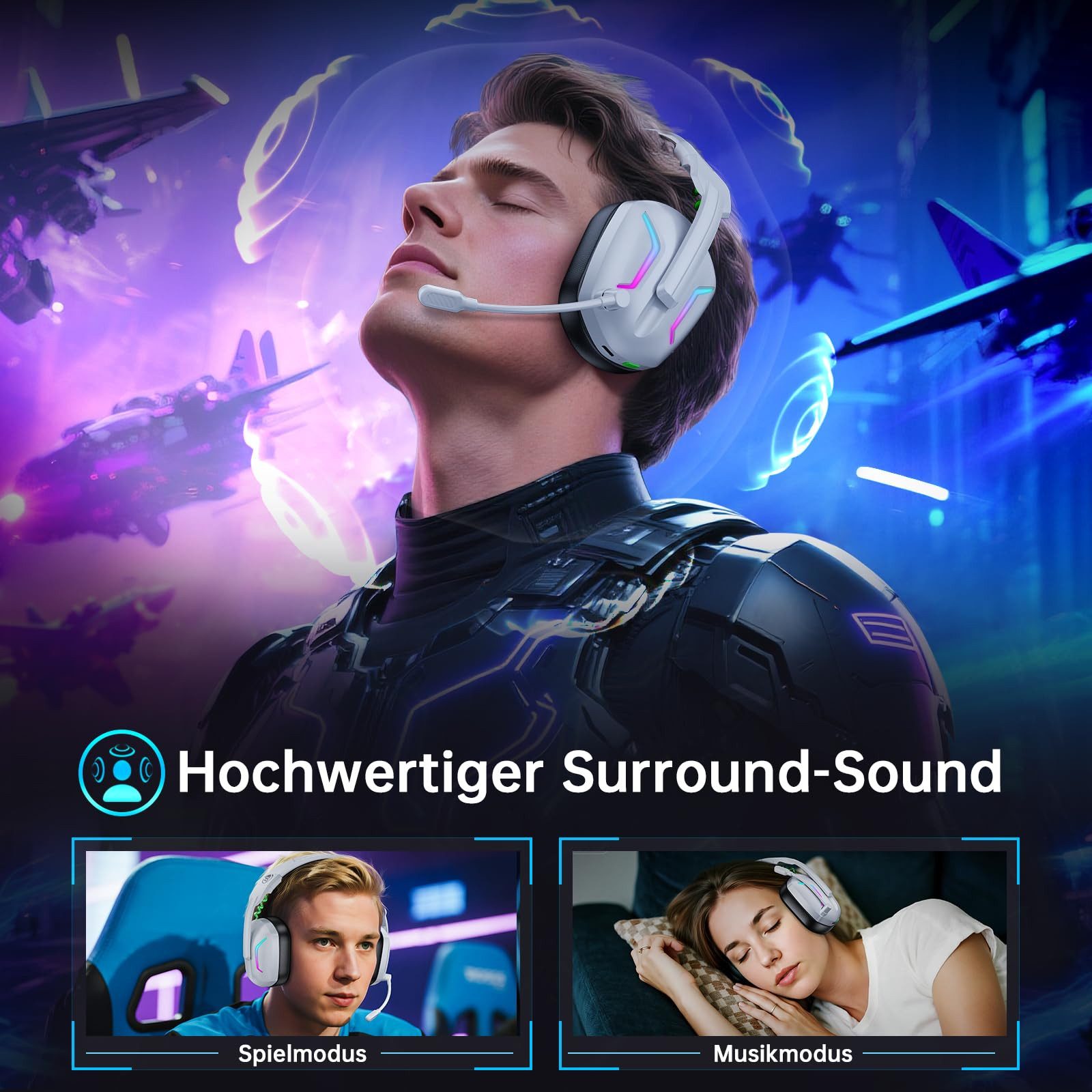 Fachixy Mikrofon, 2,4G Wireless Bluetooth Kopfhörer kabellos LED Licht Gaming-Headset (ENC-Rauschunterdrückung, Stummschaltung, LED-Beleuchtung, Game- und Musikmodus, faltbar, Bluetooth und 2,4G Wireless, 2,4 GHz, mit Surround Sound Faltbarer Bluetooth LED Licht Über 50H+Akkulaufzeit)