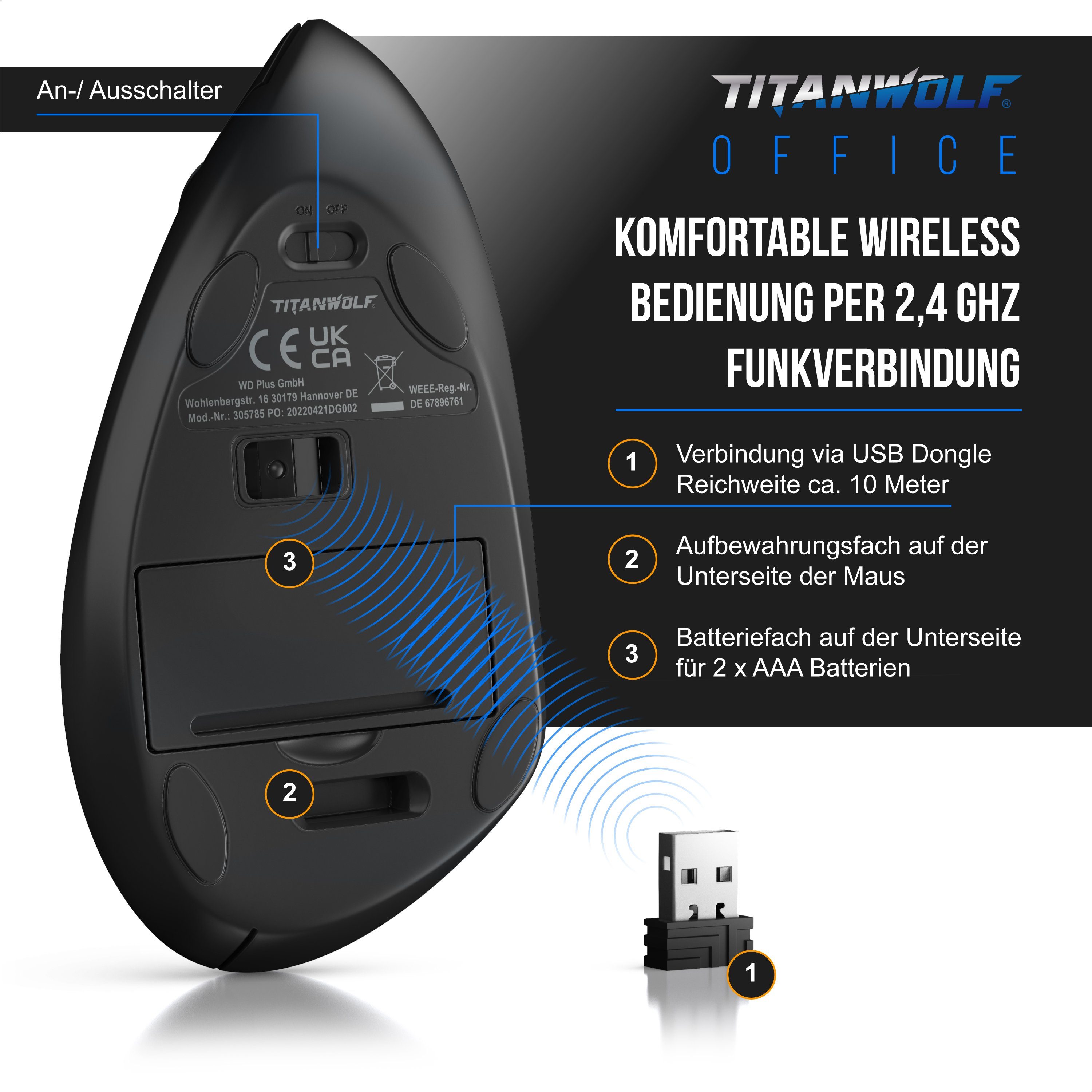 Titanwolf ergonomische Maus Ghz, 1600 dpi) kabellos, (Funk, Vertikal, optisch, Armschonend, 2,4