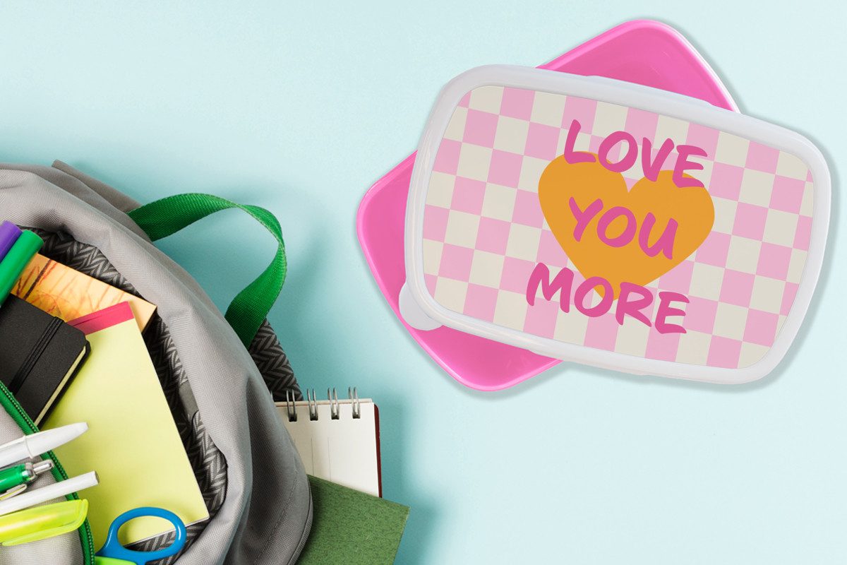 MuchoWow Lunchbox Valentinstag - Liebe - Rosa - Orange, Kunststoff, (2-tlg), Brotdosen, Lunch Box, Brotbox für Kinder und Erwachsene