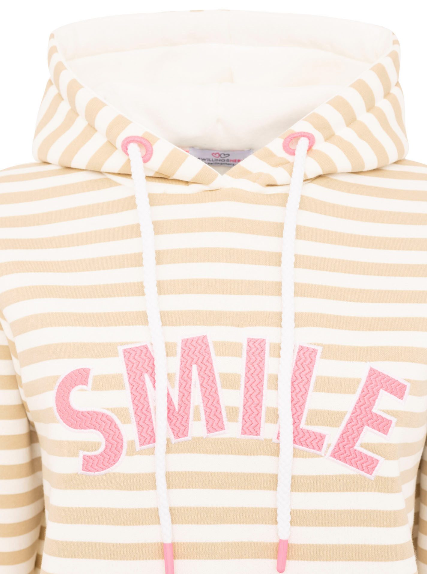 Zwillingsherz Kapuzensweatshirt "Streifen Smile" gestreift, große "SMILE"- Stickerei, Kängurutasche – Bild 4 von 5