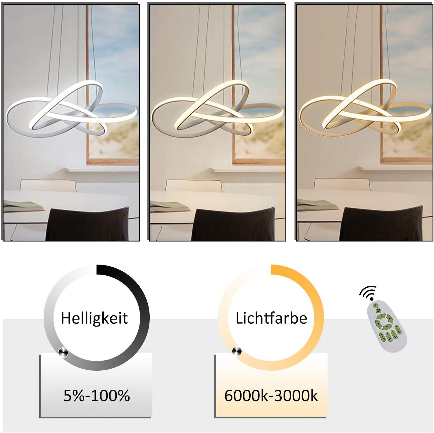 ZMH LED Pendelleuchte Höhenverstellbar 62W Ring Kronleuchter Fernbedienung Schlafzimmer, LED fest integriert, 3000-6500k, Ø62cm Ringe Kronleuchter Pendant Lamp  – Bild 4 von 5