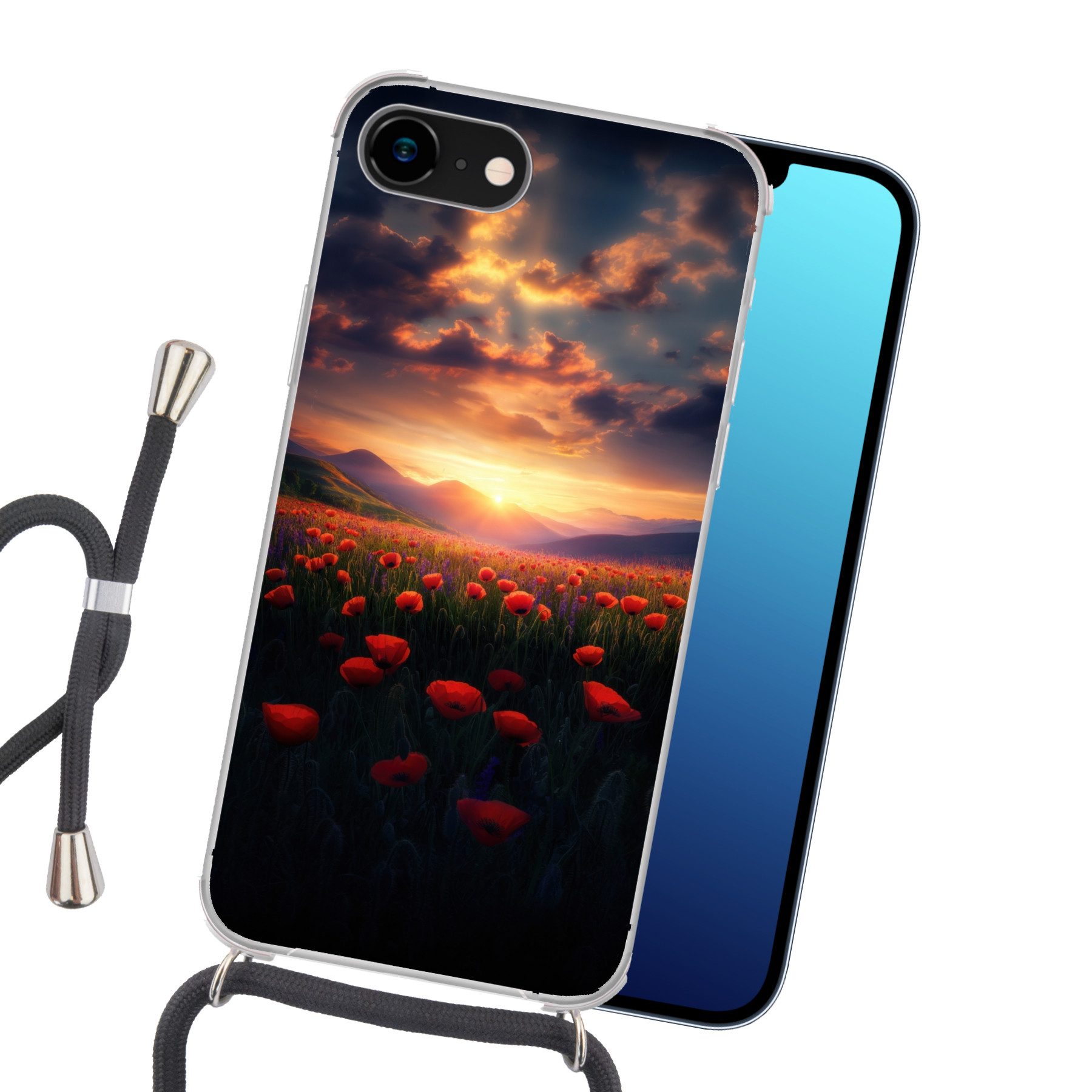 MuchoWow Handyhülle für Apple iPhone 7 Landschaft - Sonnenuntergang - Blumenfeld, Tragbare Handyhüllen mit Kette zum umhängen, Handykette Handyband