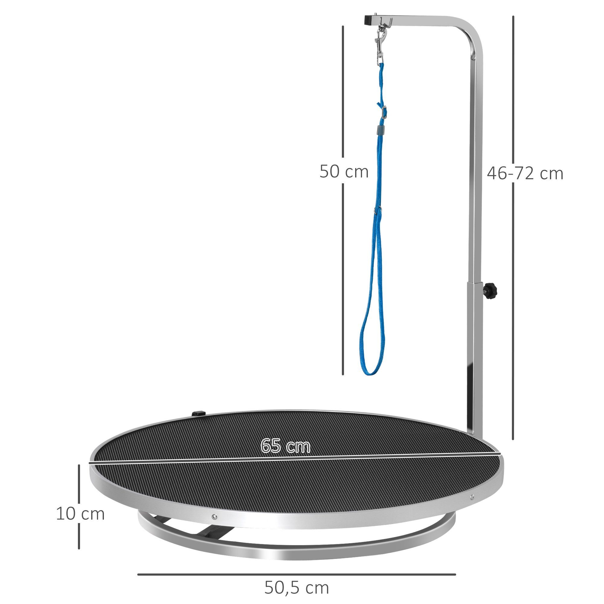 PawHut Hundeschermaschine Trimmtisch Tierpflegetisch Edelstahl Rahmen Sicherheit Leine, drehbar trocknen Tabelle mit verstellbaren Arm, Ø65 x 10H cm