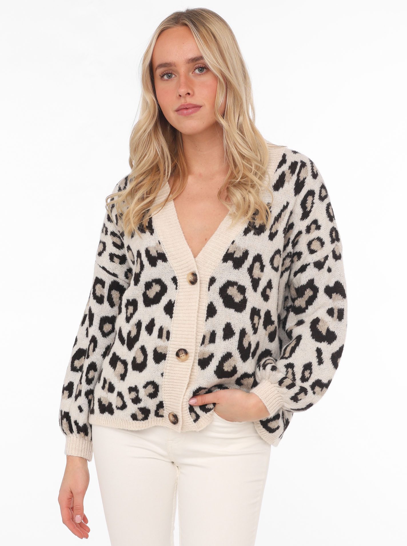 Zwillingsherz Strickjacke "Big Leo" One Size, Animal-Muster, Langarm, Knöpfe, tiefer V-Ausschnitt