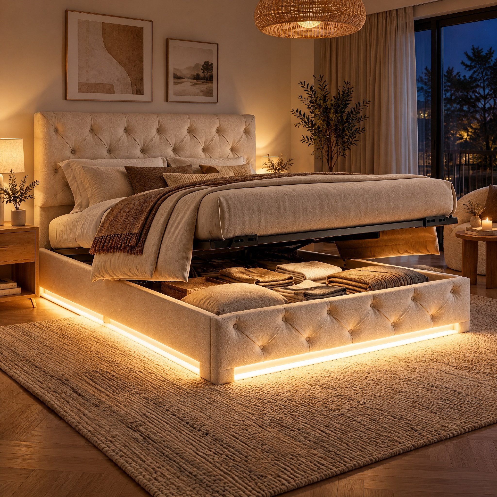 Furnishings Home Polsterbett Stauraumbett Doppelbett mit LED 140x200 cm (Modernes Jugendbett, Leises Design Bett, Max. Belastbarkeit 350 kg), Mit LED-Beleuchtung, Bettkasten, Lattenrost, Leinen