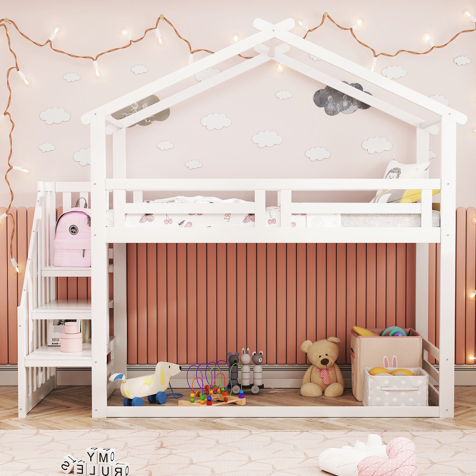 Odikalo Kinderbett Etagenbett Sicherheitstreppe Dach Massivholz Lattenrost 90*200