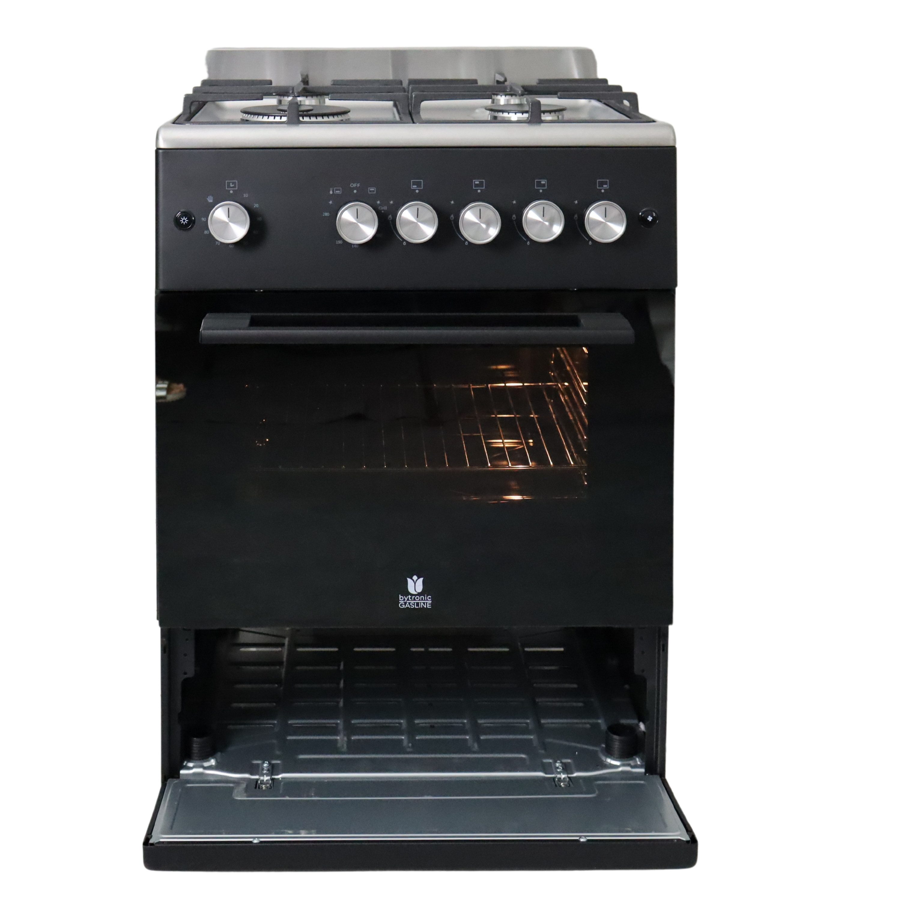 Gasline Gas-Standherd mit Gasbackofen mit Thermostat, 60cm breit SHGG6060FGWB, mit Grill, Umluft & Beleuchtung, Schwarz/Edelstahl, Zündsicherung, elektrische Zündung, Erdgas Propangas