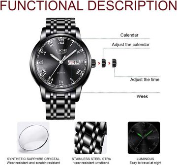 Lige Watch (1,26 Zoll), Herren-Armbanduhr wasserdicht Edelstahl Schlichtes Design analog