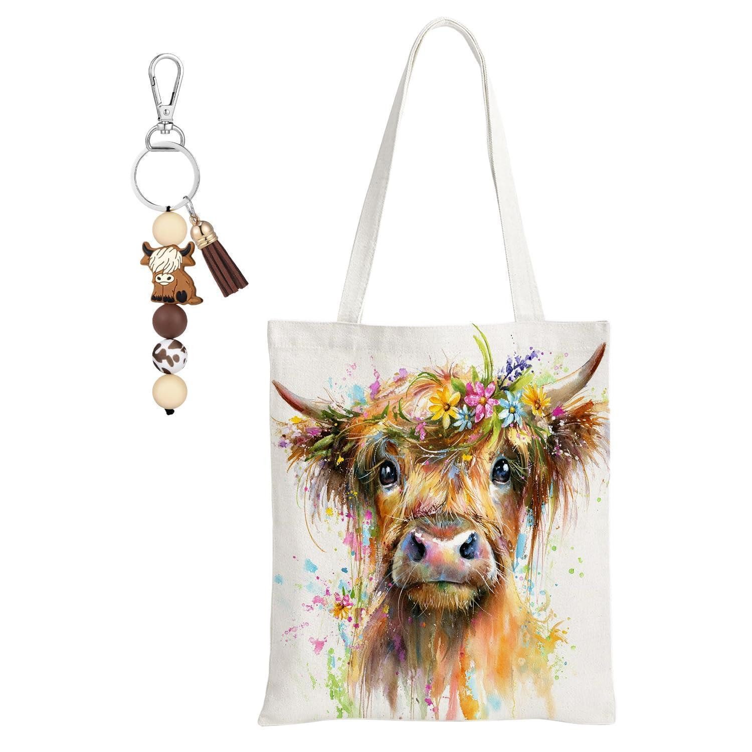 LuxusKollektion Einkaufsshopper Highland Rind Geschenke Set Damen Canvas Tasche Schlüsselanhänger