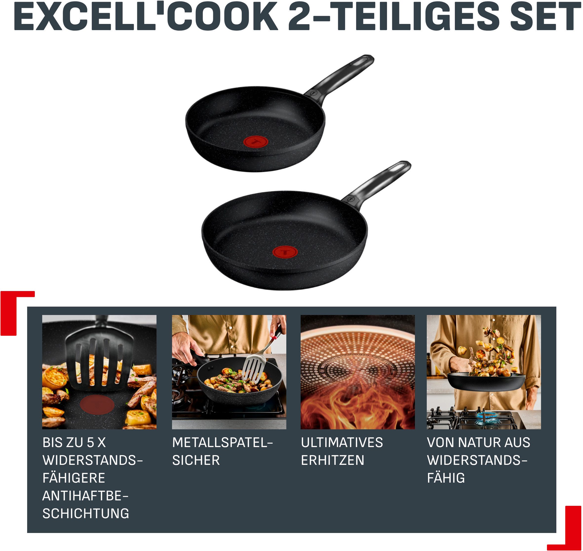 Tefal Pfannen-Set Excell'Cook, Aluminium (Set, 2-tlg., je 1 Pfanne 24/28 cm), leistungsstarke Antihaftbeschichtung, Induktion, metallspatelsicher