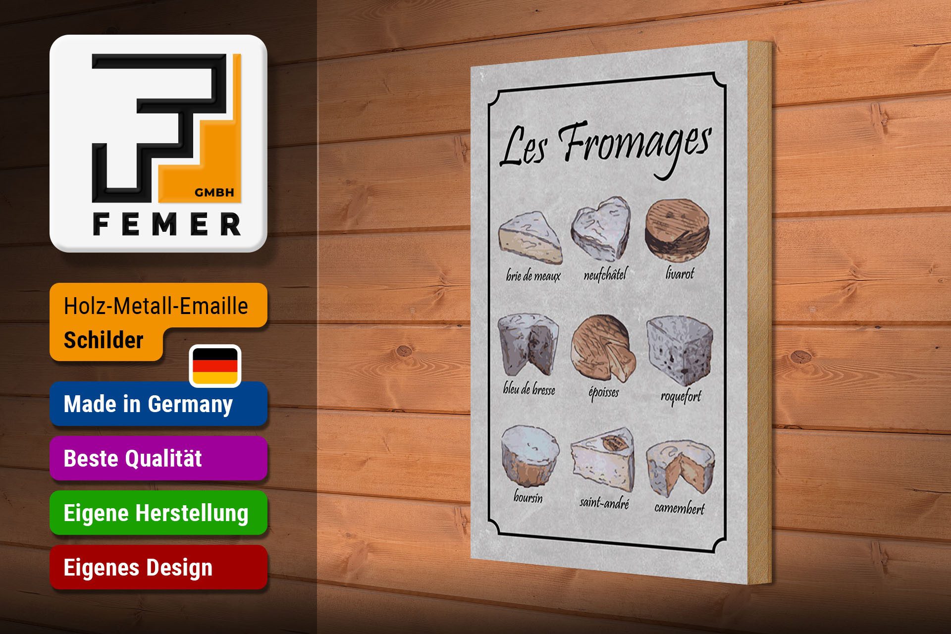 Femer GmbH Holzbild Essen 20x30 cm 9 französische Käsesorten Les Fromages, (1 St), Glatte Holzfaserplatte (MDF), vorn beschichtet