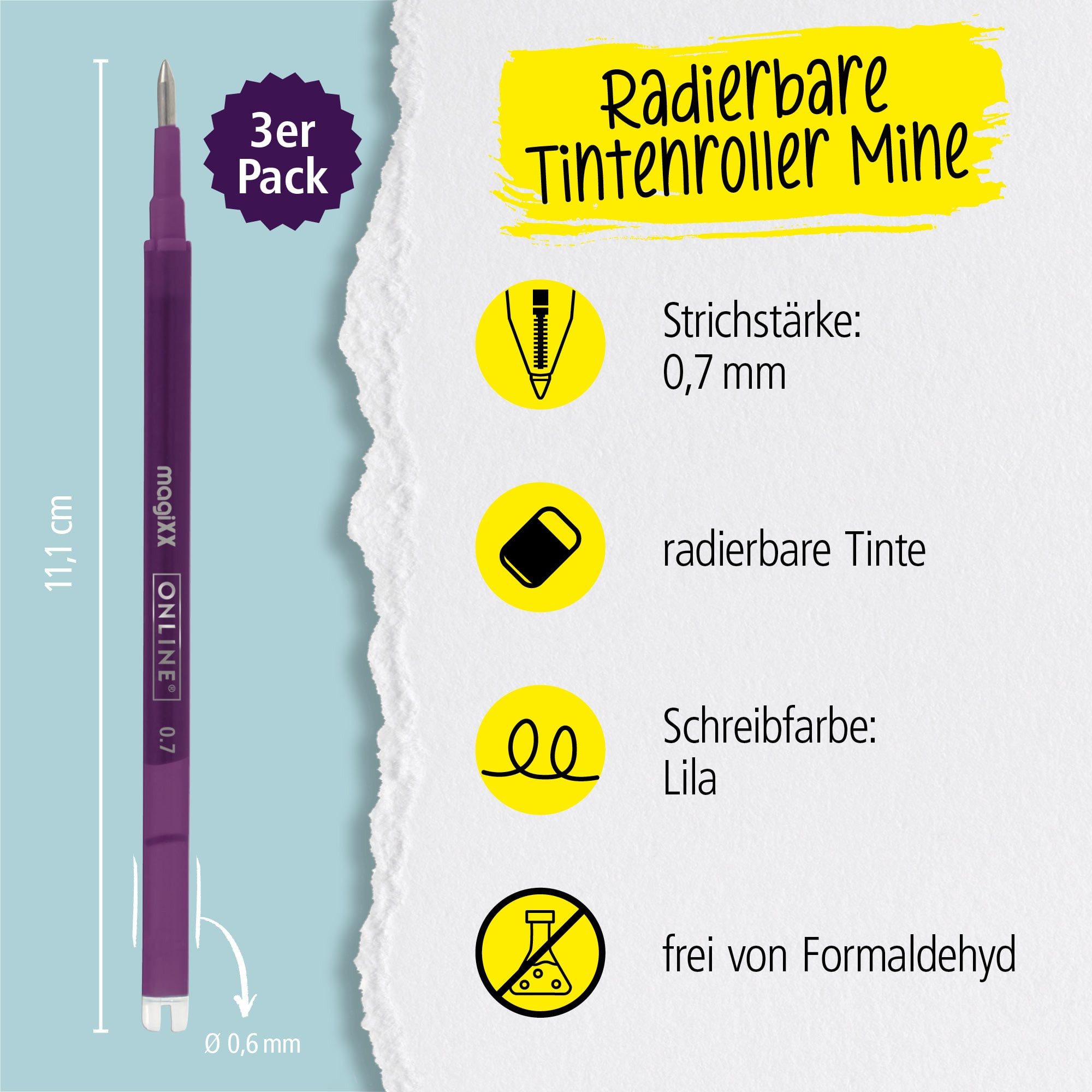 Online Pen Tintenroller magiXX Mine, (3x radierbare Ersatzminen lila für Gelschreiber), Nachfüll-Minen kompatibel mit Pilot Frixion, magiXX Gelstift