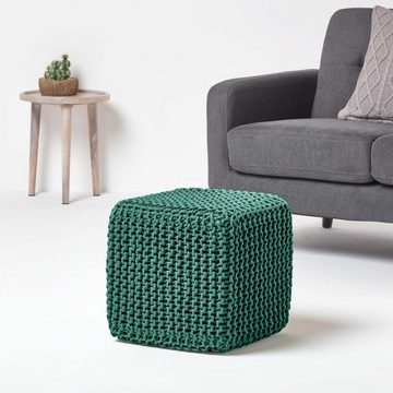 Homescapes Pouf Gestrickter Sitzwürfel 100% Baumwolle, tannengrün