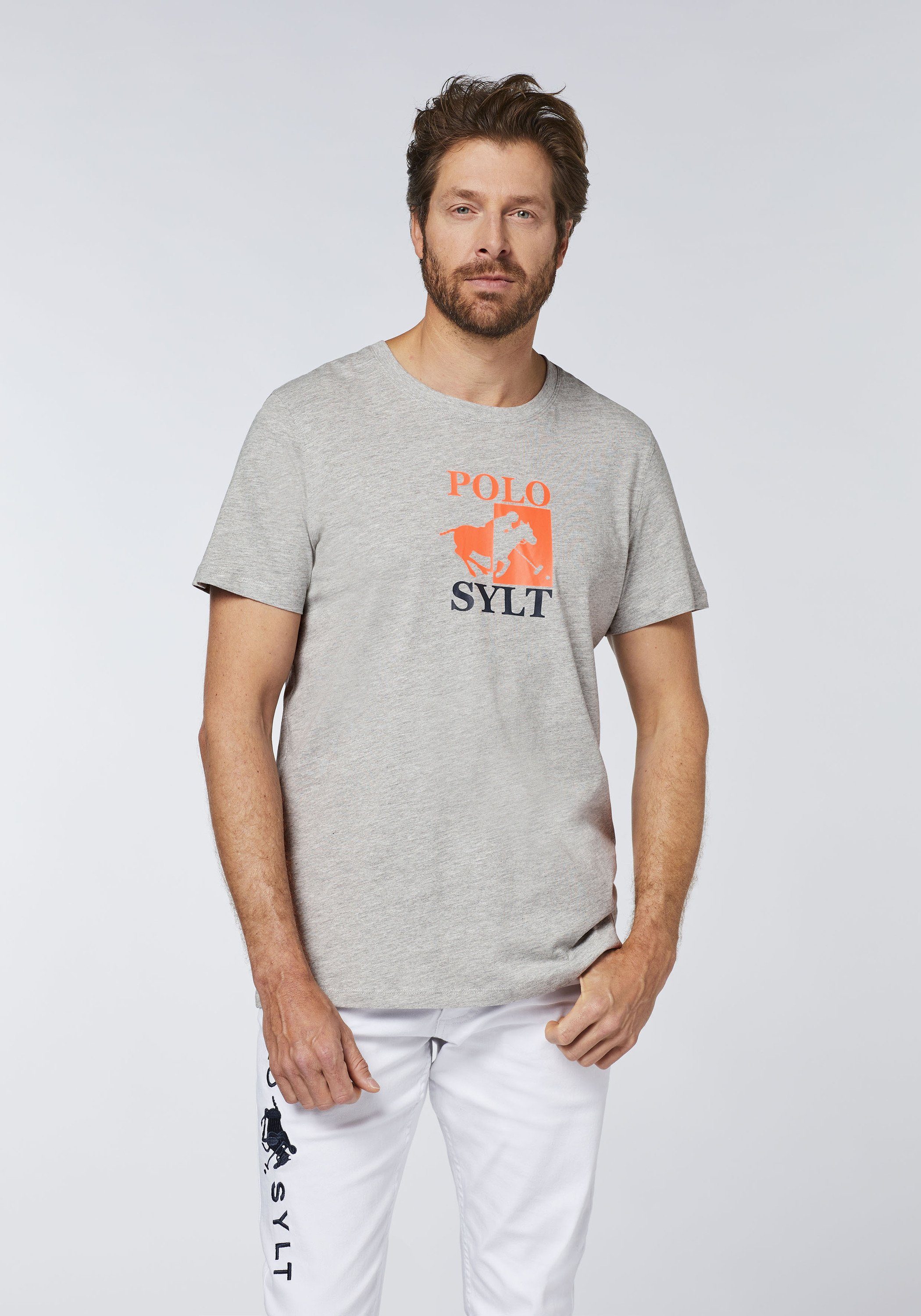 Polo Sylt Print-Shirt Melange mit Neutral großem Gray 17-4402M Logoprint