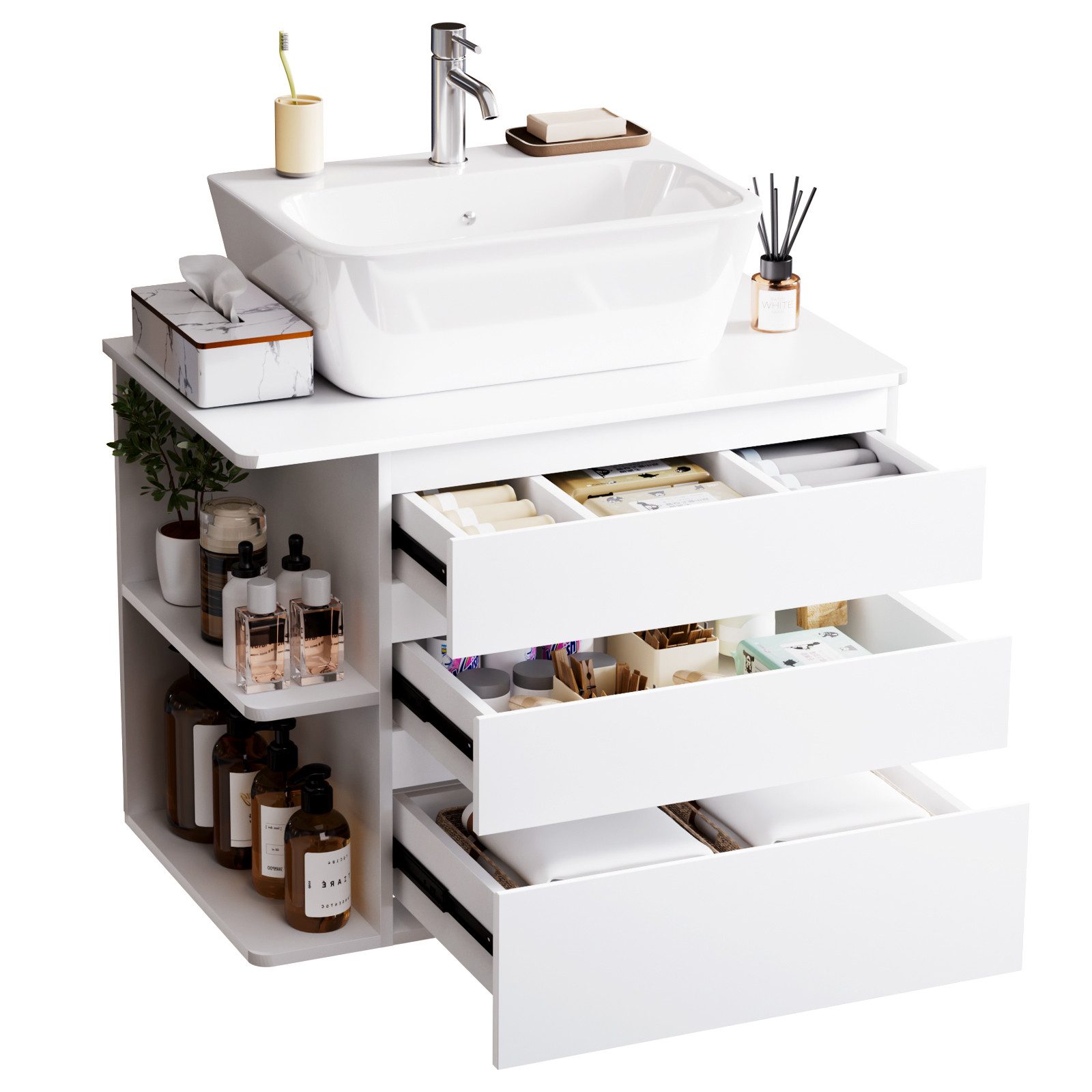 Yorbay Waschbeckenschrank Wandhängend Unterschrank, mit 3 Soft Close Schubladen, Seitenregal Waschtischunterschrank 80 cm, Weiß, Waschbecken exklusive