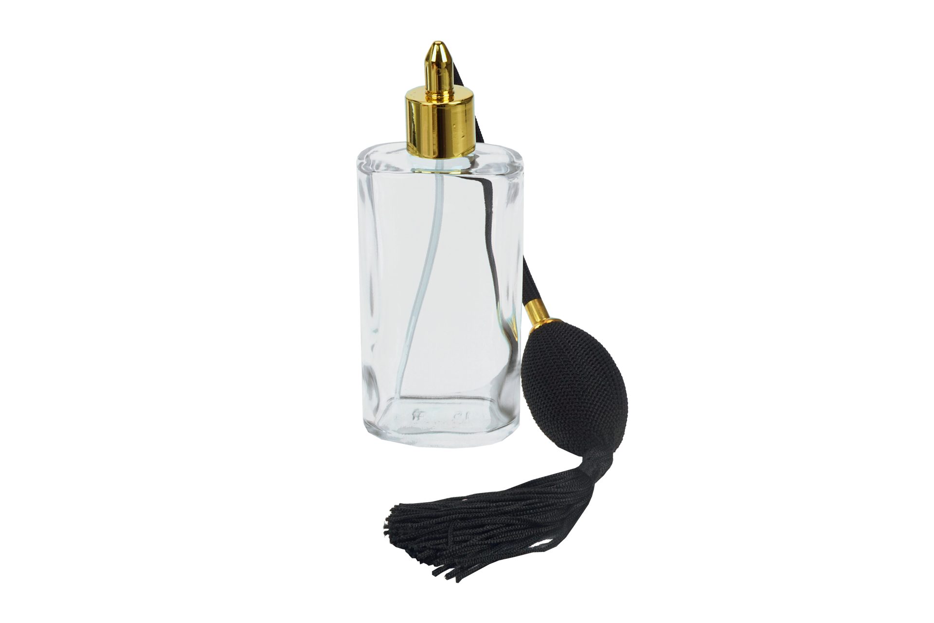 Fantasia Beauty Parfümzerstäuber Tischzerstäuber, Glas oval, mit Ballpumpe, schwarz-goldfarben, 100 ml (1 St), Parfüm-Zerstäuber