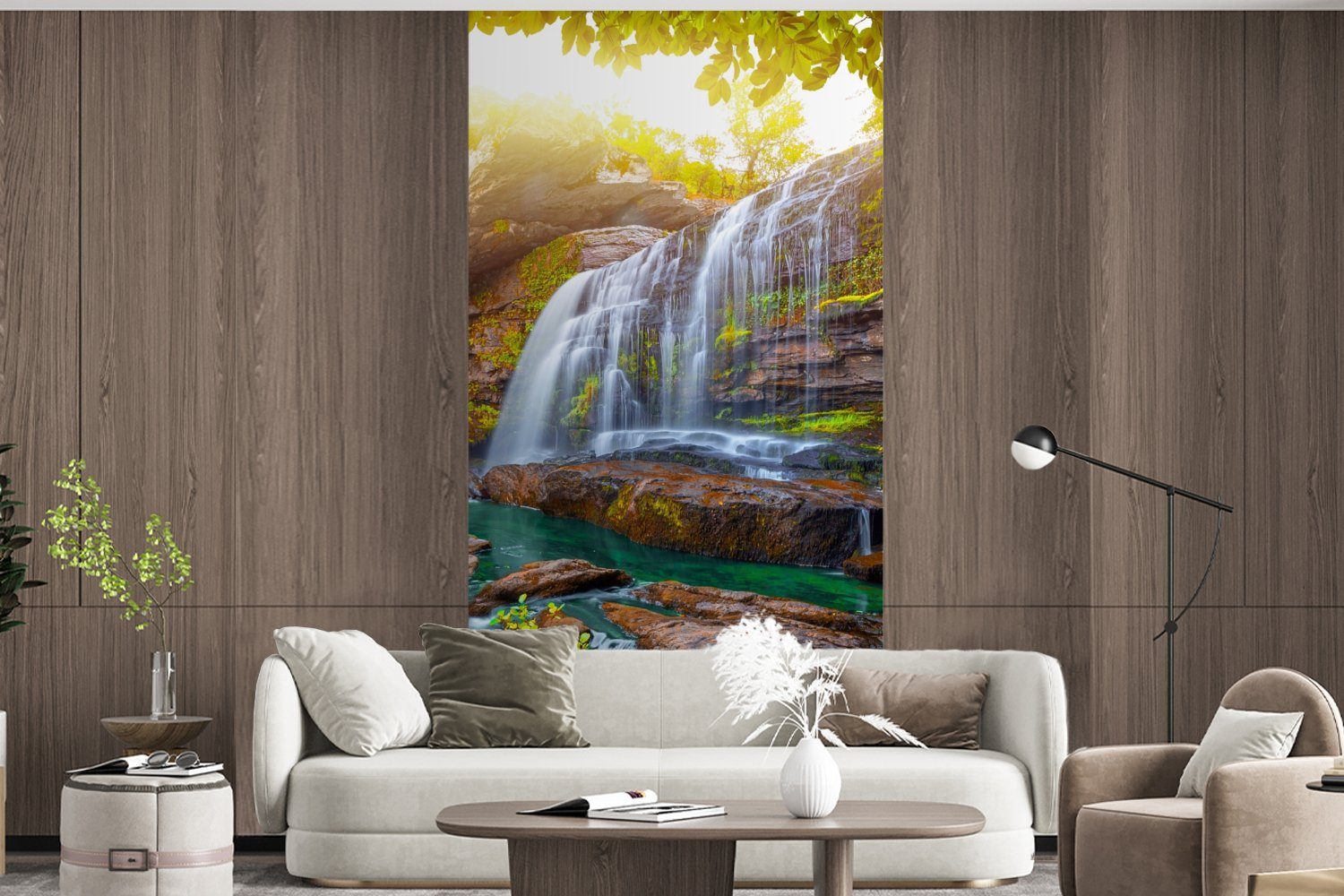 MuchoWow Fototapete Natur - Wasserfall (2 Fototapete Küche, Wohnzimmer Matt, - - Schlafzimmer für - bedruckt, St), Bäume Vliestapete Pflanzen Sonne