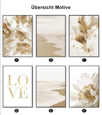 TPFLiving Kunstdruck (OHNE RAHMEN) Poster - Leinwand - Wandbild, Blumen, Blätter, Strand und Meer - (Wanddeko Wohnzimmer), Farben: Beige und Gold - Größe: 10x15cm