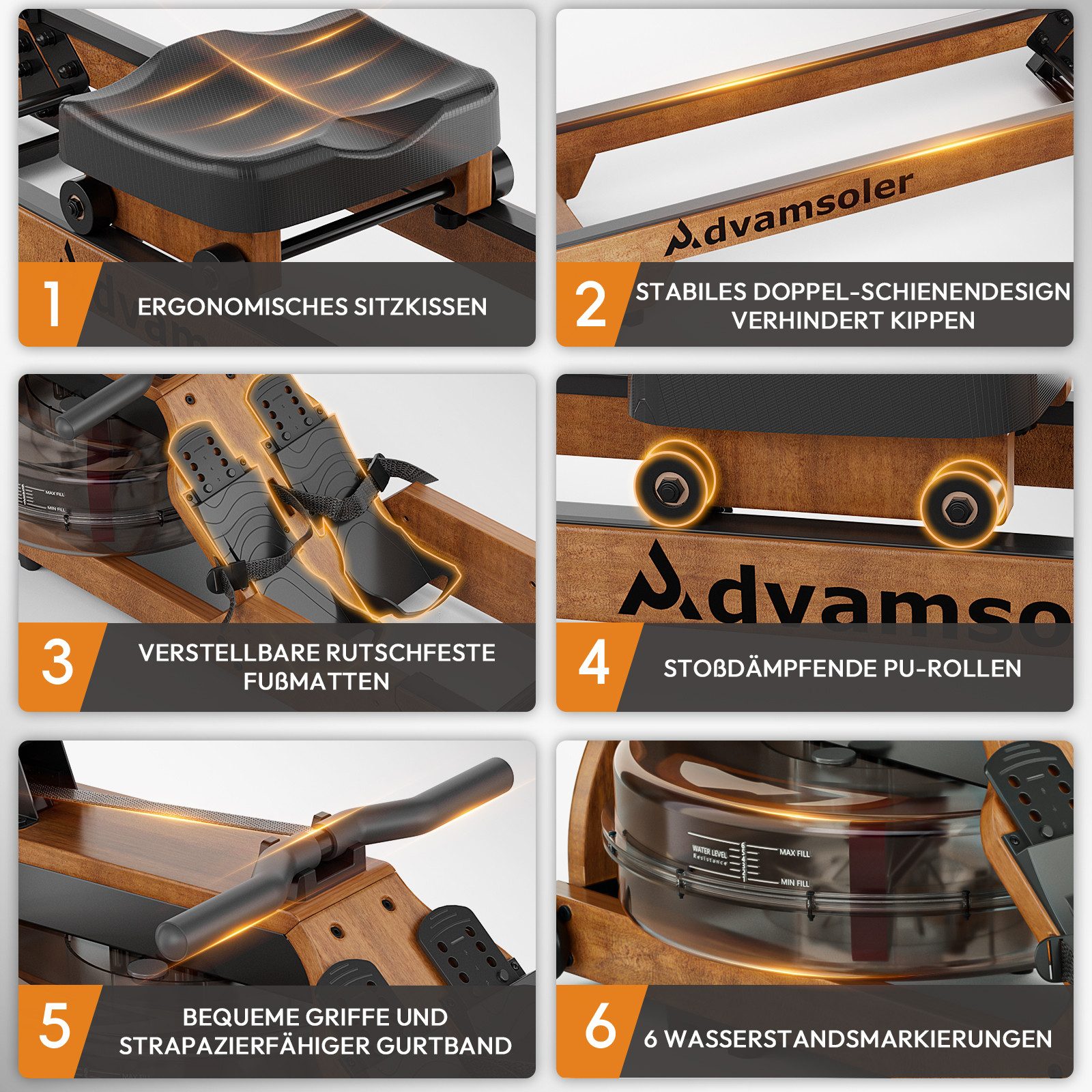 Advamsoler Rudergerät Hochwertiges Faltbares Wasserrudergerät aus Massivholz für Zuhause (1-tlg), Mit Professionellem Bluetooth-Monitor & Tablet-Halter