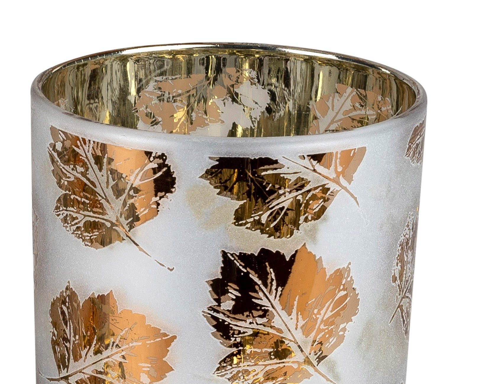 dekojohnson Windlicht Windlicht-Glas Teelichthalter 10cm Blätterdekor