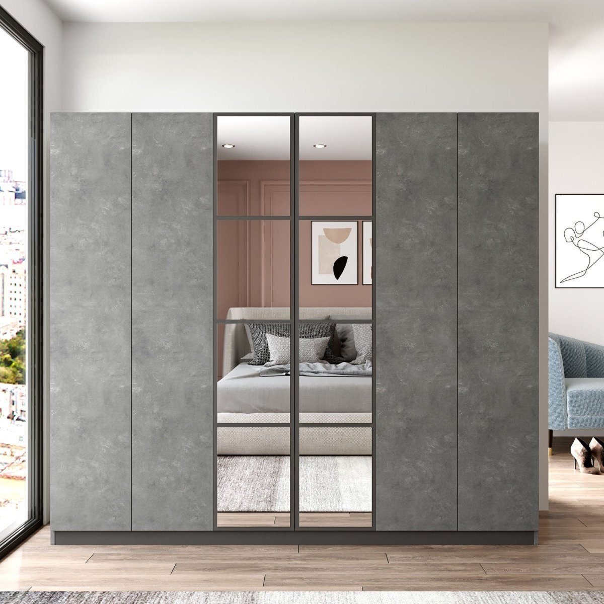 Spiegel Designer mit Schrank Schranktüren sechs Grau Martino Kleiderschrank Luxusbetten24