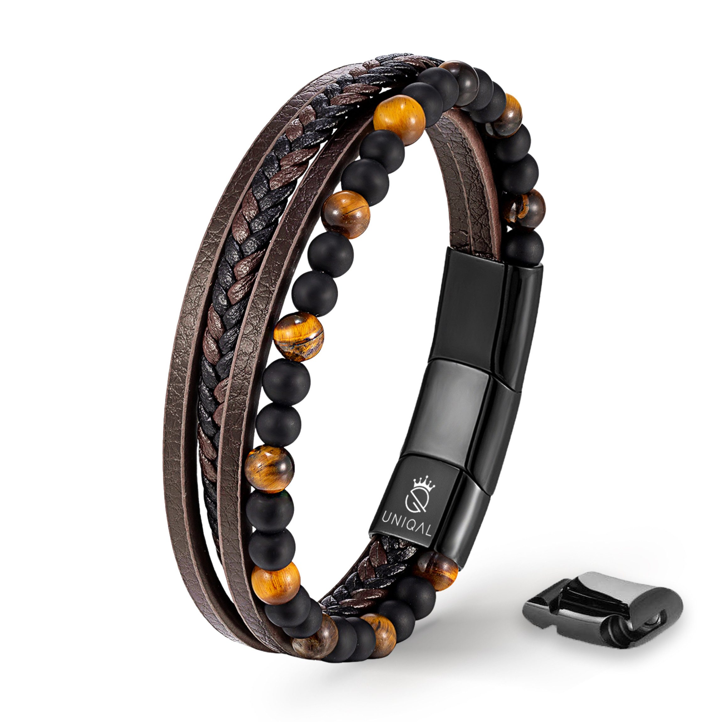 UNIQAL.de Lederarmband Lederarmband Herren "FANCY" Perlenarmband Naturstein Geflochten (Edelstahl, Echtleder, Casual Style, handgefertigt)