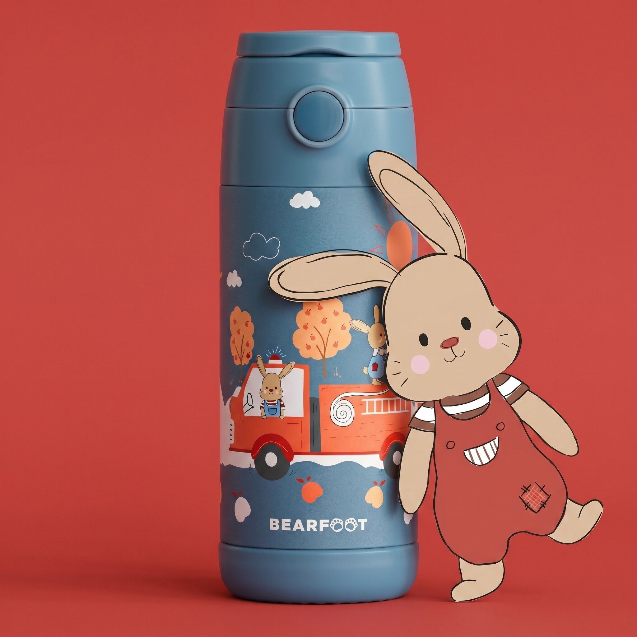 BEARFOOT Trinkflasche Thermo Kinder Trinkflasche Edelstahl - Feuerwehr Hase blau, Thermosflasche, auslaufsicher, Edelstahl, Kinderflasche, BPA-frei