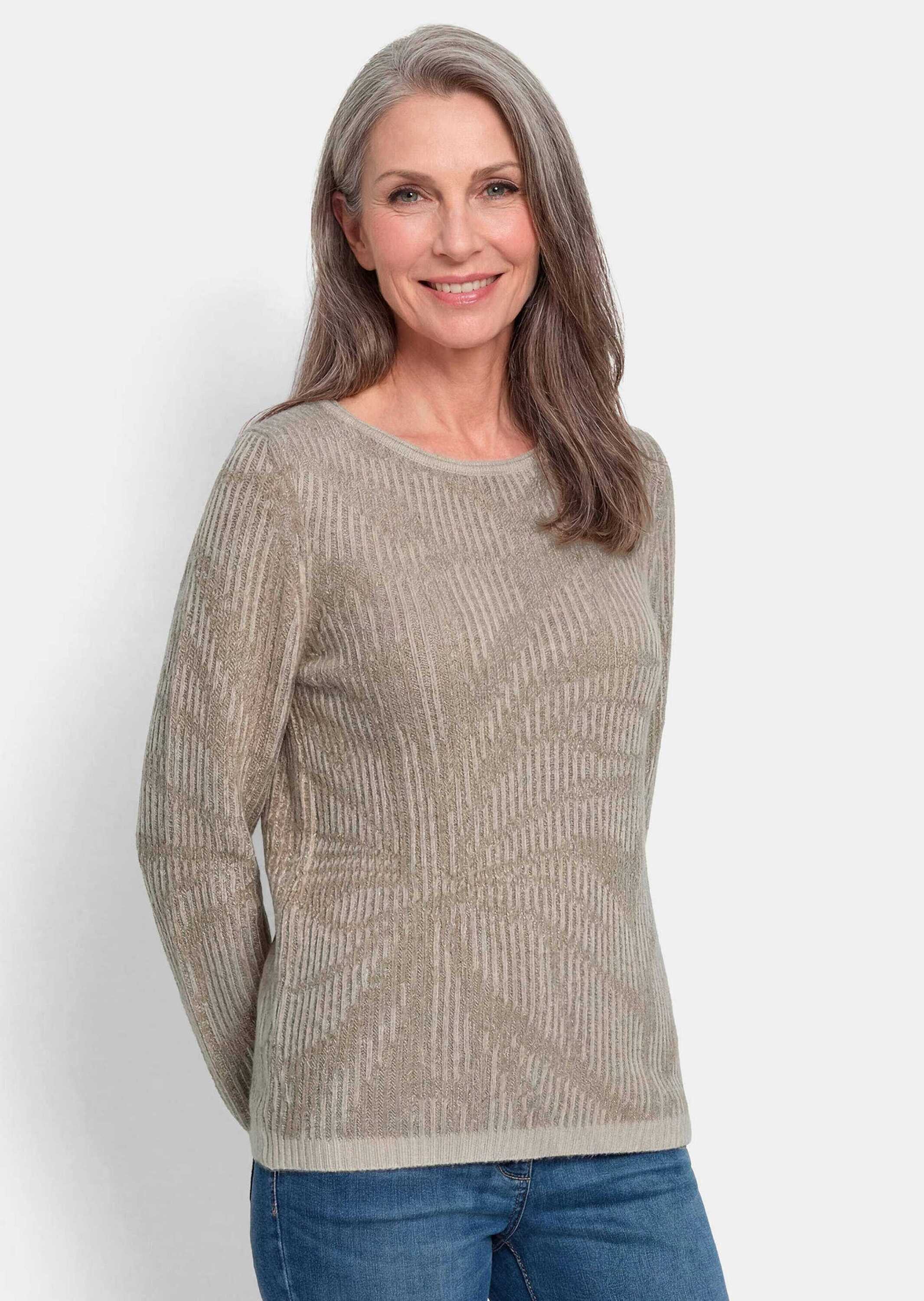 GOLDNER Strickpullover Kurzgröße: Strickpullover mit Blumenmuster Warmer Rippenstrick mit U-Boot-Ausschnitt und Rollkante, Langarm