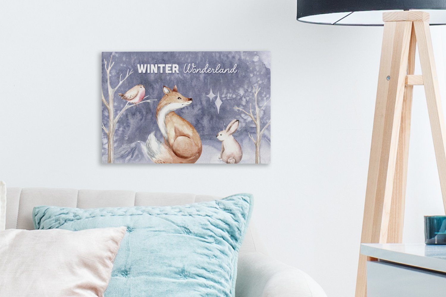 OneMillionCanvasses® Leinwandbild Winter - Fuchs - Wanddeko, Kaninchen, Vogel Wandbild Leinwandbilder, - 30x20 St), (1 cm Aufhängefertig