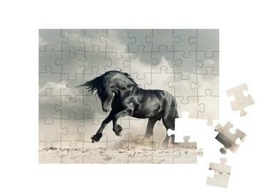 puzzleYOU Puzzle Wilder schwarzer Hengst in der Wüste, schwarz-weiß, 48 Puzzleteile, puzzleYOU-Kollektionen Pferde, Friesenpferde