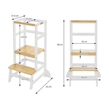 Joyz Kinderstuhl Montessori Lerntower für Kinder aus Holz Verwandelbar Kinderstuhl, Küchenhelfer Weiß/Natur mit Schutzstab und 2 Stufen 54x44x90cm