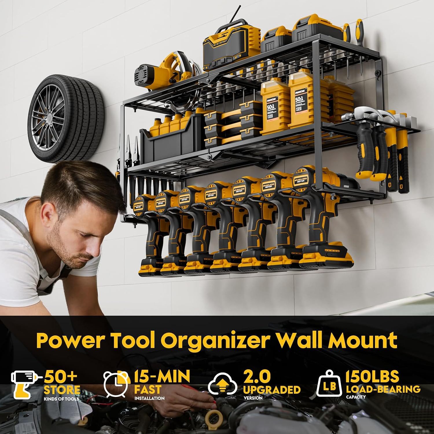 Fyrove Werkzeughalter Wand Metall, 3 Etagen Werkzeugregal für Garage und Werkstatt, 66×20×31cm, Akkuschrauber Halterung mit Bohrmaschinenhalter und Zubehörablag – Bild 3 von 5