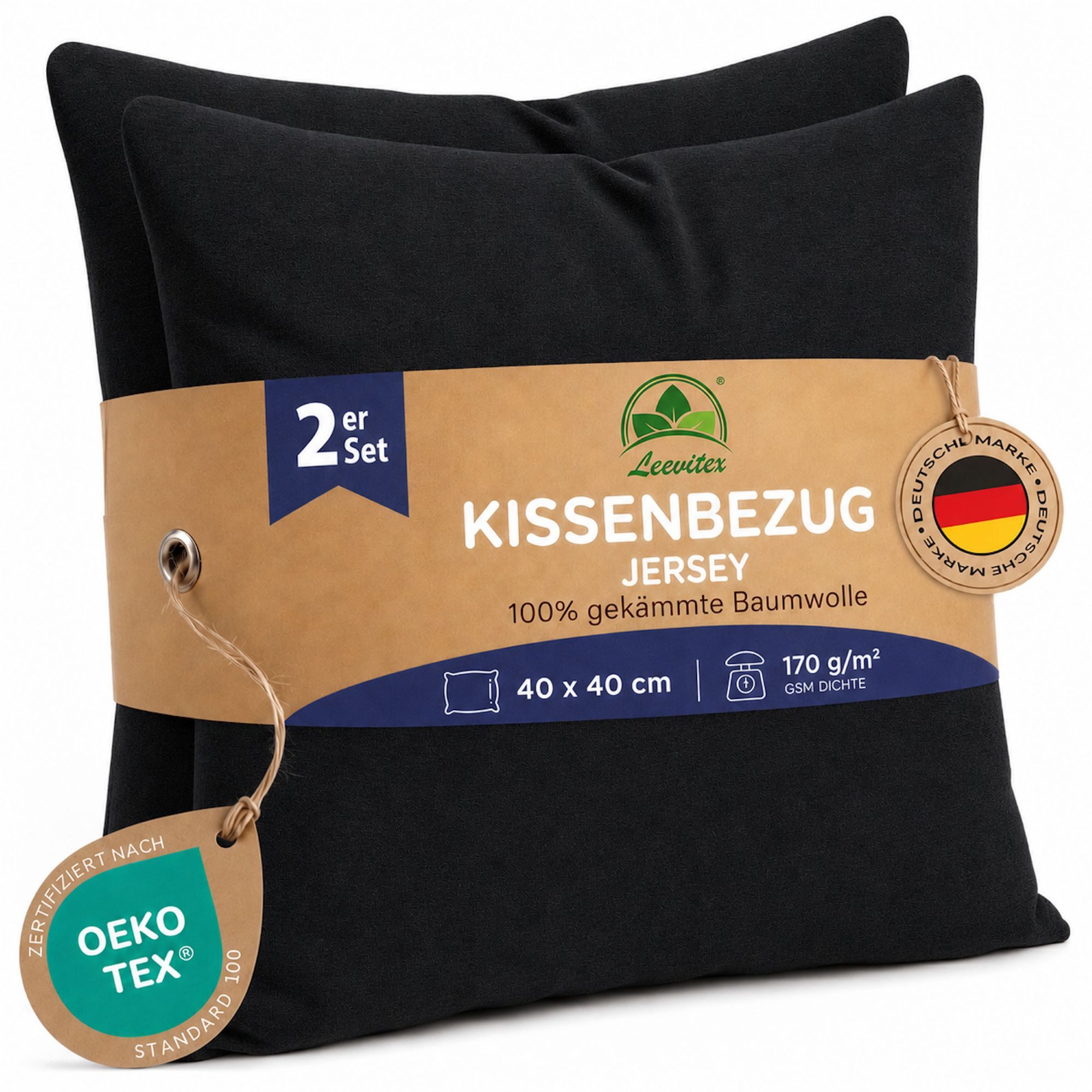 leevitex® Kissenbezüge Kissenbezug 40 x 40 cm, 2er Set, Schwarz, (2 Stück), feine Jersey-Qualität, 100% Baumwolle, robuster Reißverschluss