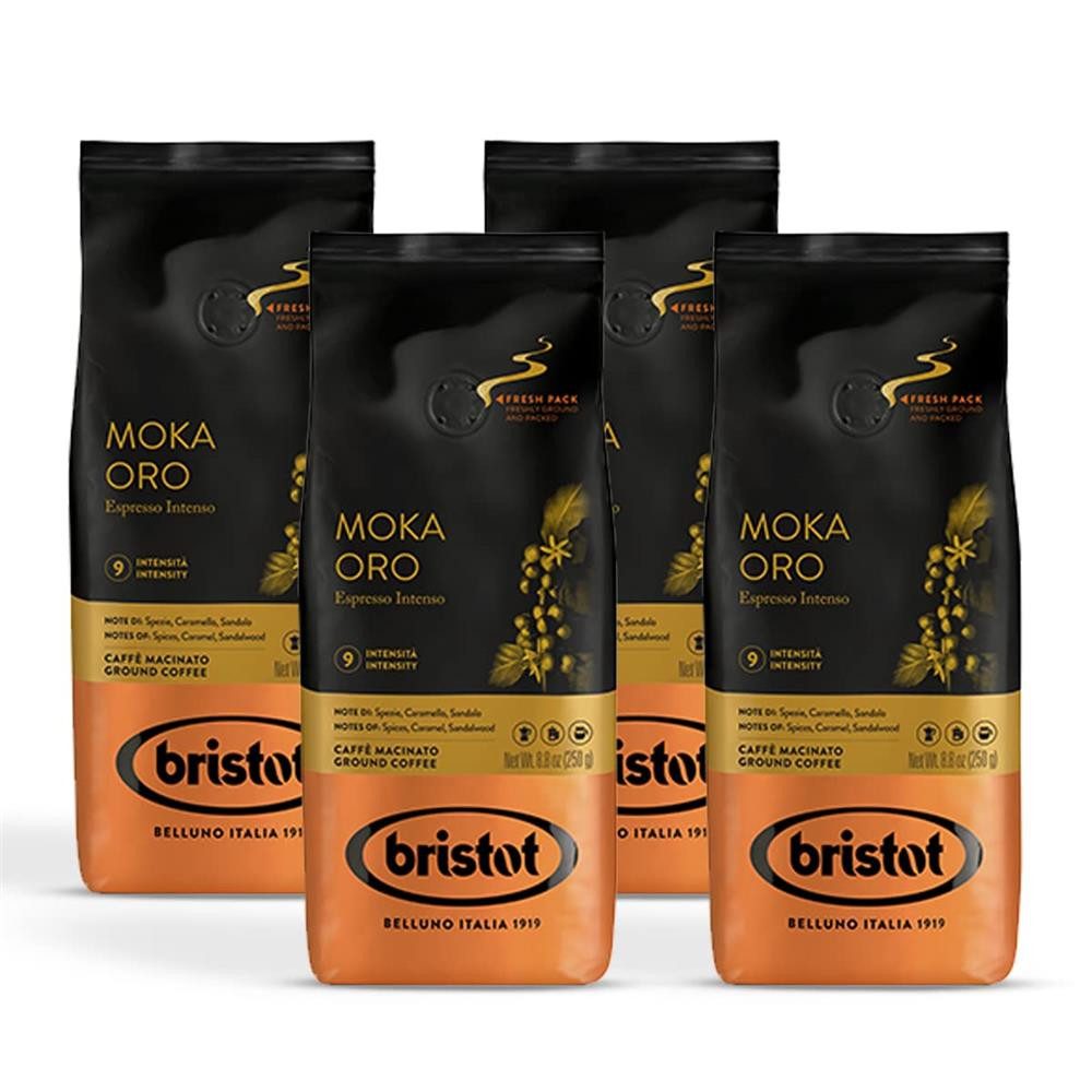 bristot Kaffee Moka Oro Espresso Intenso 4x 250g gemahlen Kaffeepulver, 4 x 250 g, Intensives Aroma mit mildem Geschmack