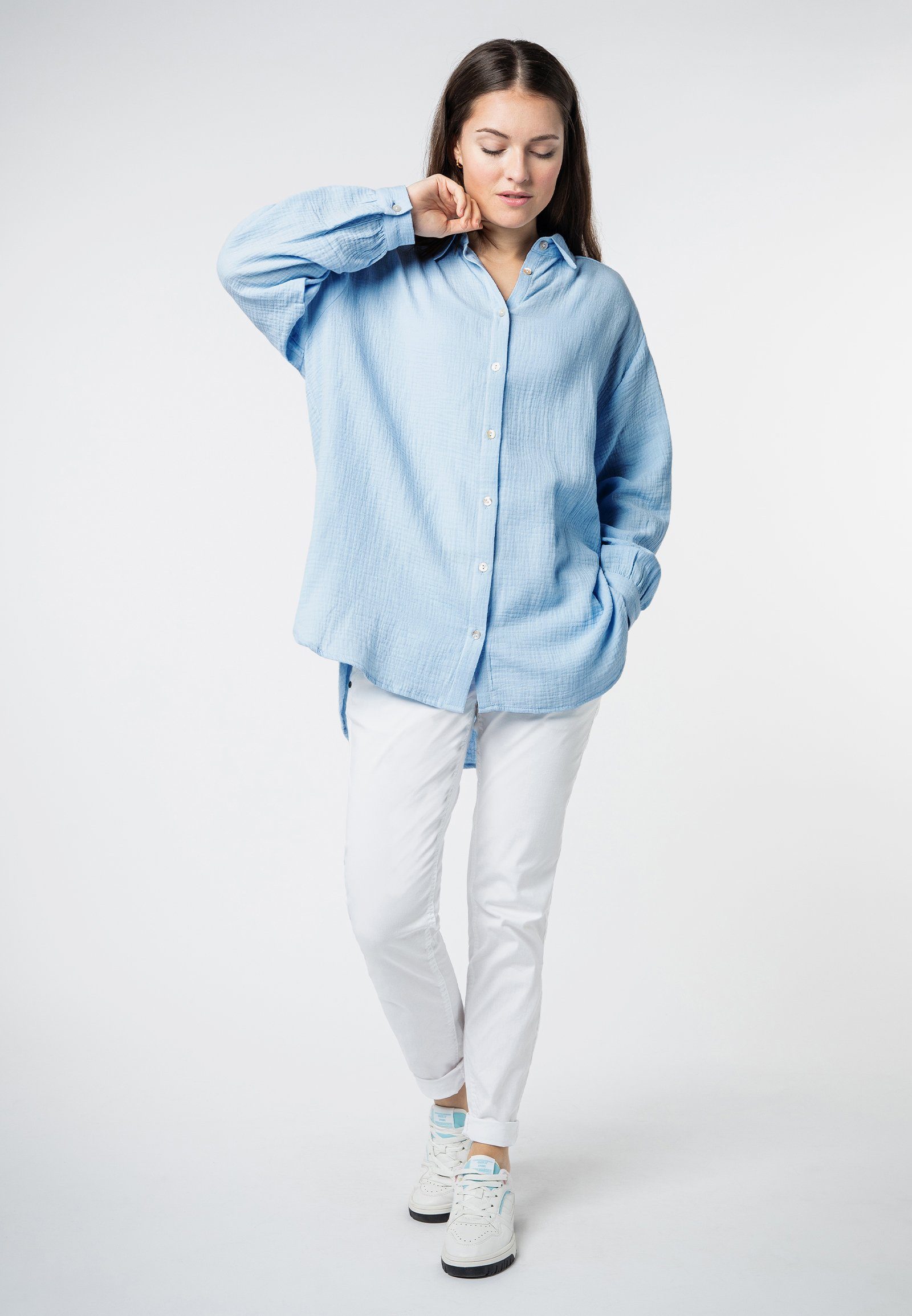 SUBLEVEL Langarmbluse Damen Musselinbluse langarm mit Kentkragen Oversizebluse aus Baumwolle